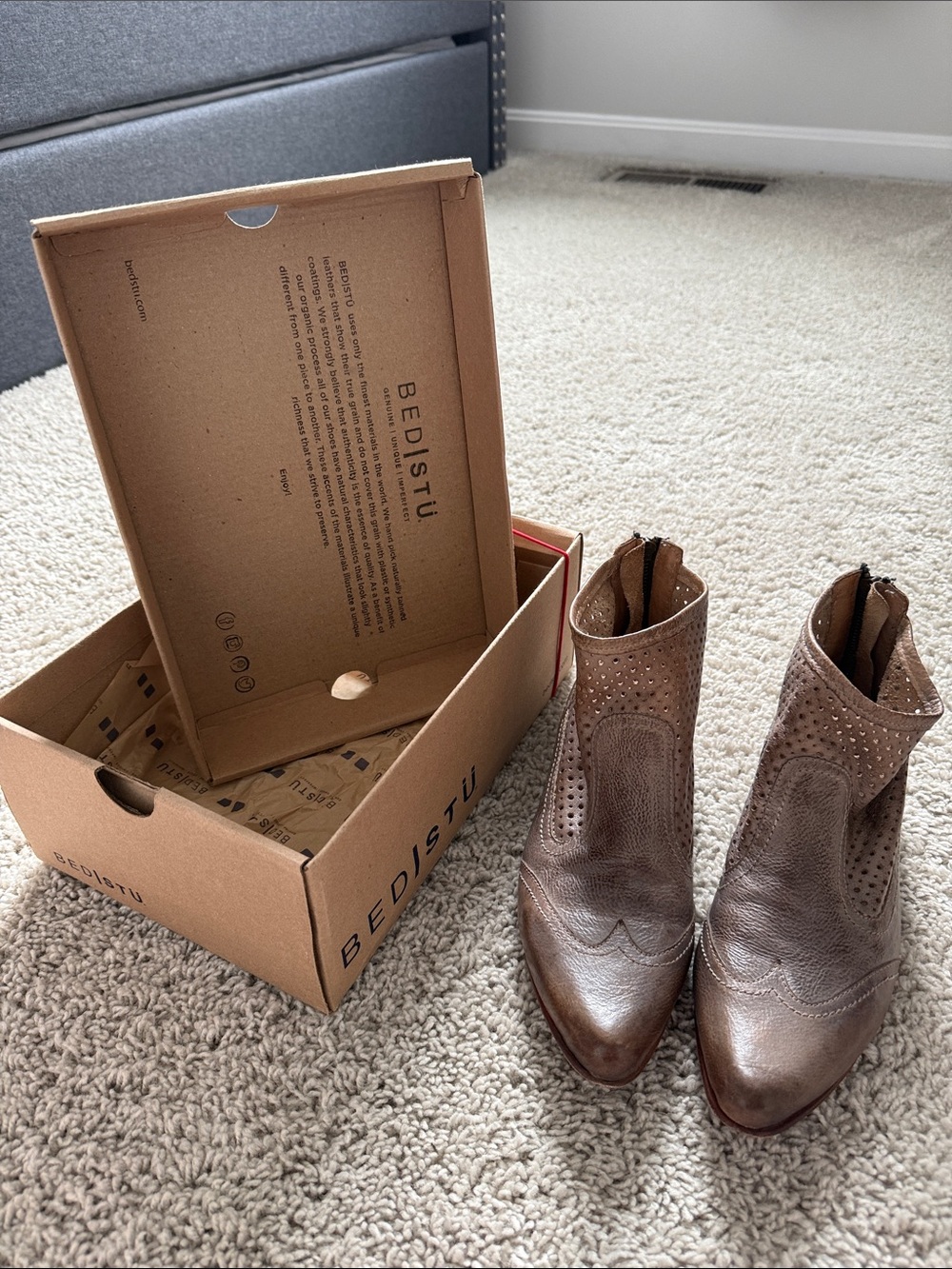 BED|STU Brown Leather Perforated Western Ankle Boots SZ 9